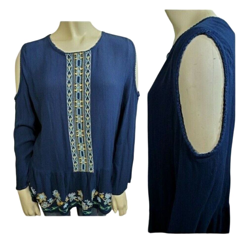 John Paul Richard Blouse XL Womans Cold‎ Shoulder Embroidered Blue Boho Flowy